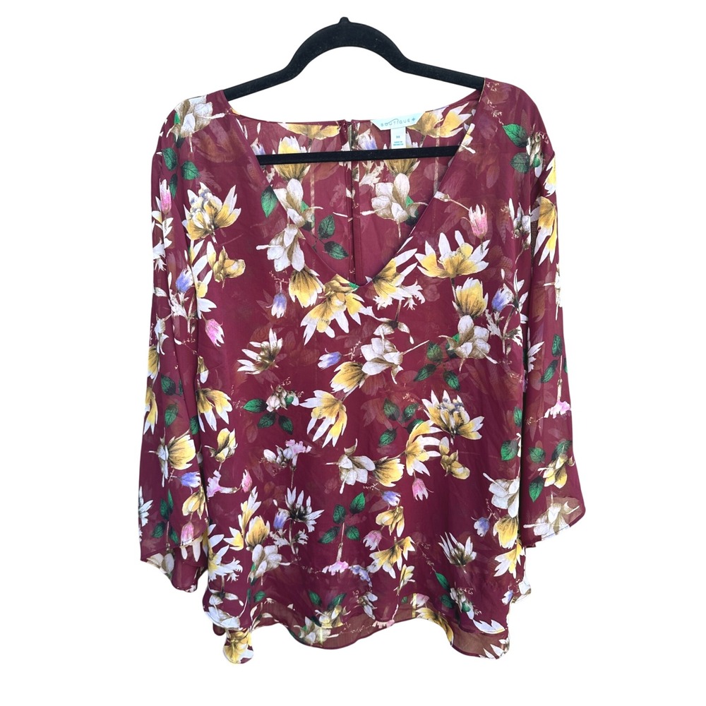 Boutique+ Women 3X Burgundy Floral Chiffon V-Neck Bell Sleeve Blouse Top